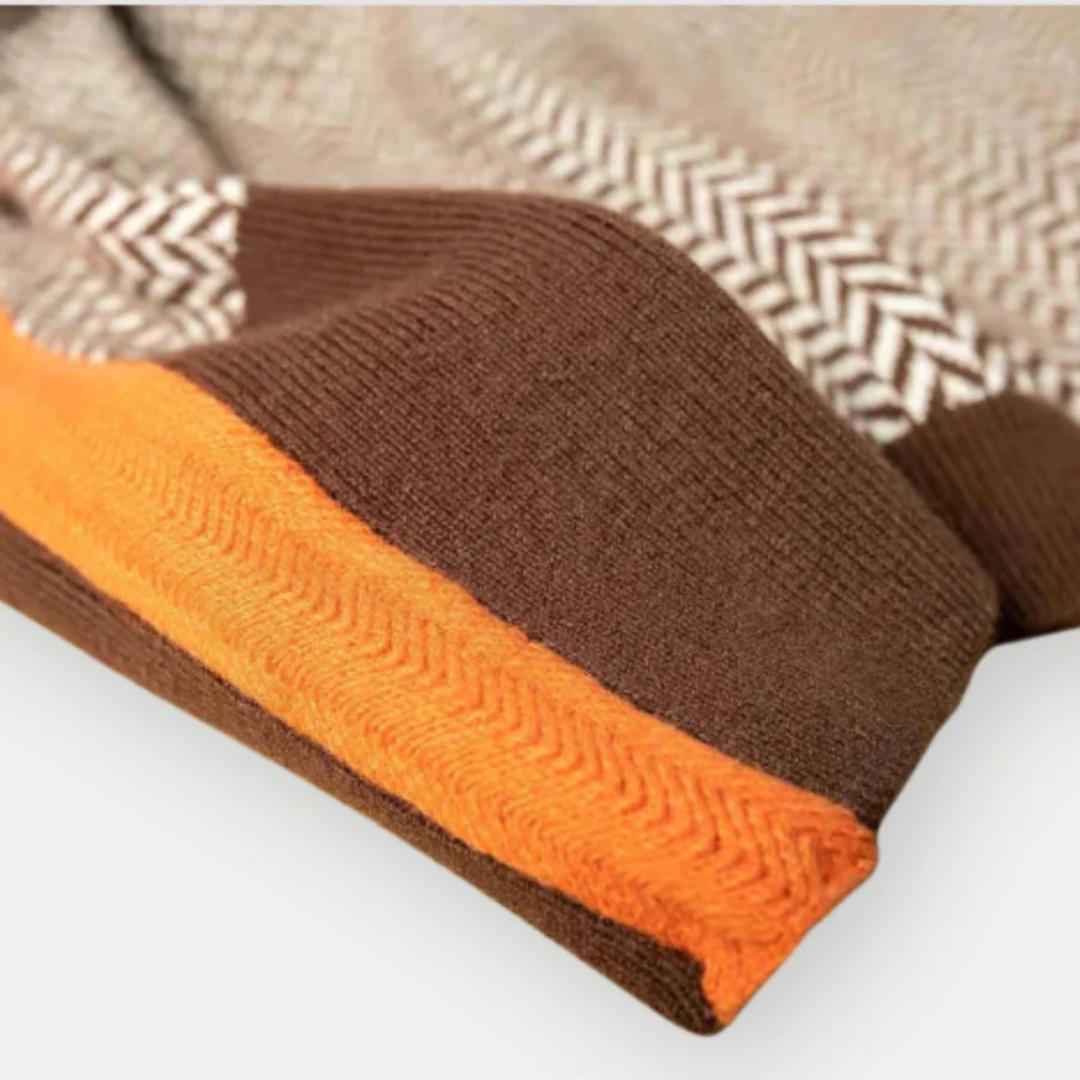 Chevron Knit Turtleneck Sweater | Contrast Striped Sleeves | Fall-Winter Pullover