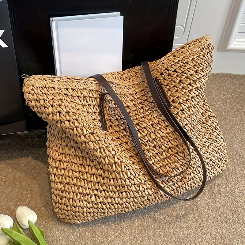 Woven Straw Tote Bag | Oversized Beach Shoulder Bag | Casual Summer Carryall