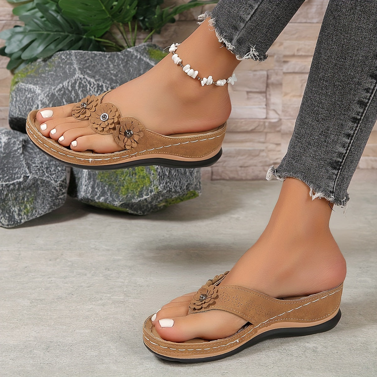 Floral Embellished Flip-Flop Sandals | Cushioned Sole | Casual Summer Comfort