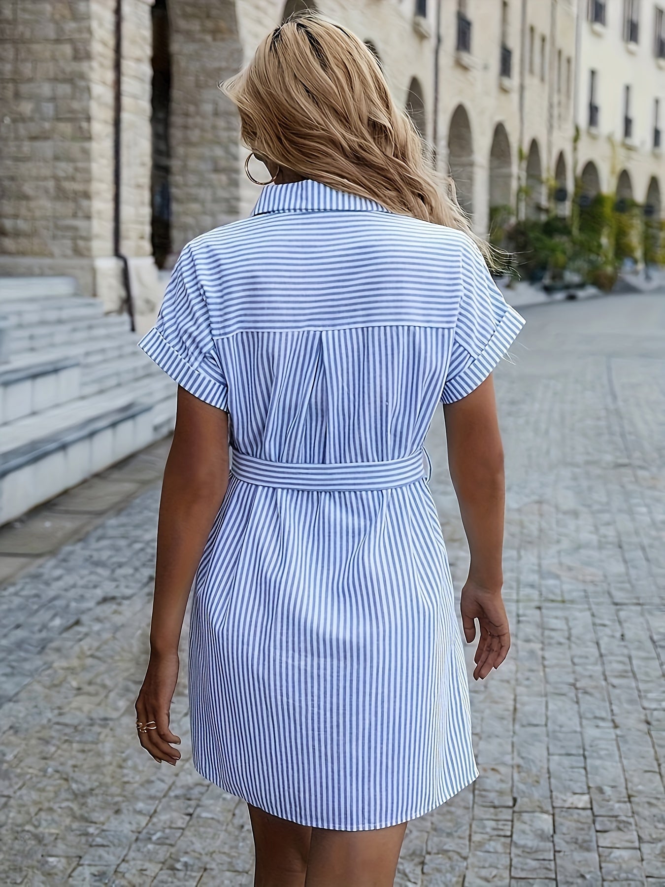 Striped Shirt Dress | Button-Front with Waist Tie | Short Sleeve Summer Fit