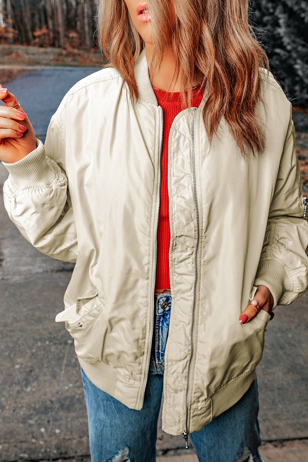 Cropped Bomber Jacket | Satin Finish | Lightweight Layer | Casual Street Style