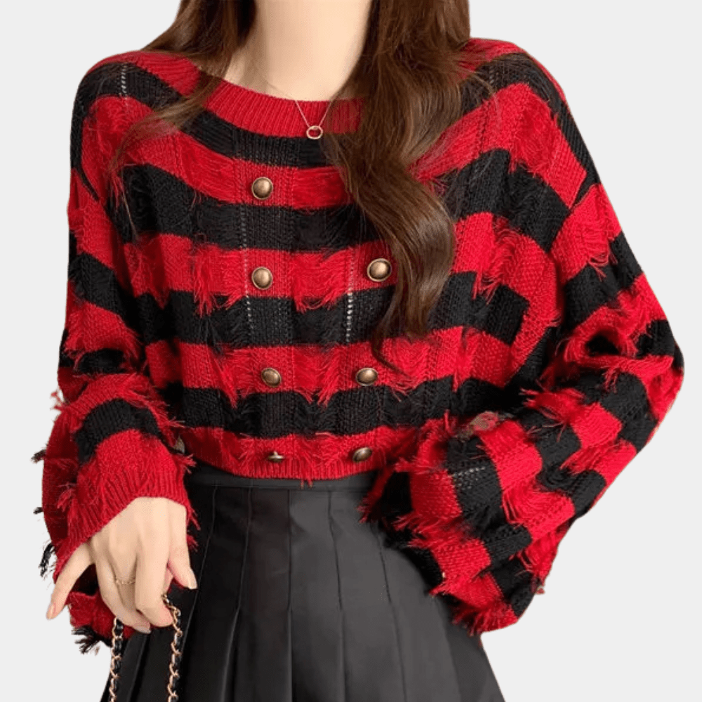 Chic Striped Knit Sweater | Textured Fringe Detail | Gold Button Accents | Fall & Winter
