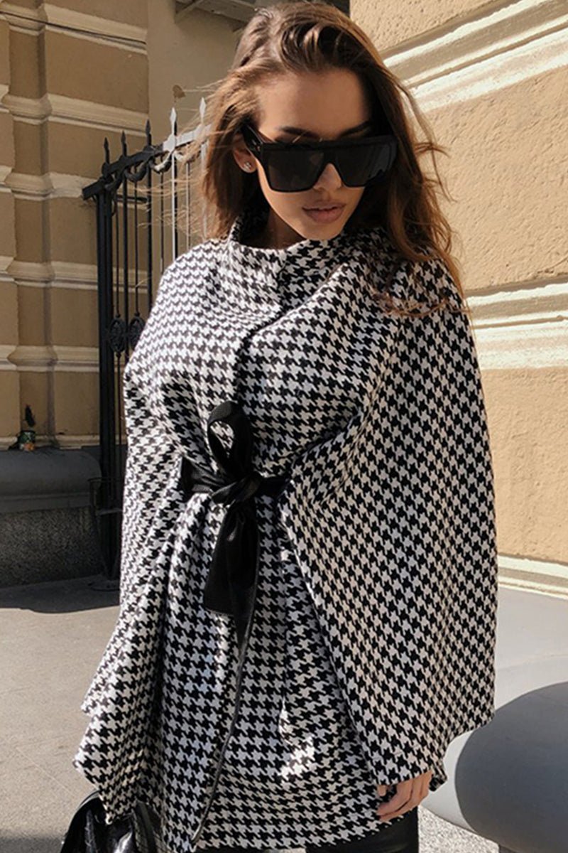 Houndstooth Cape Coat | Belted Wrap Design | Elegant Warmth | Winter Chic