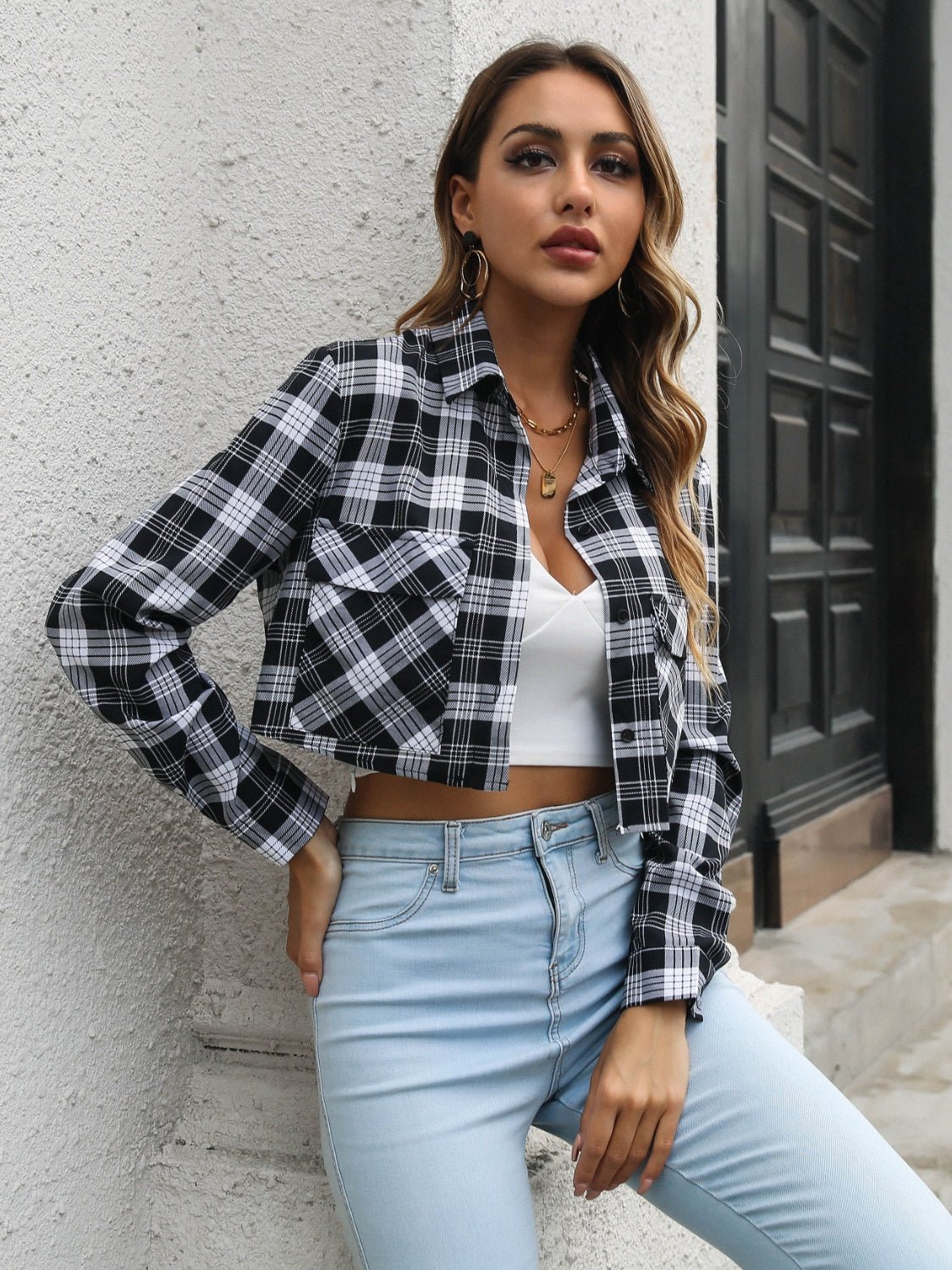 Cropped Plaid Shacket | Button-Down Design | Soft Polyester Blend | Trendy Casual Layer