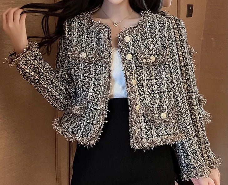 Cropped Tweed Jacket | Gold Button Accents | Classic Elegance | Sophisticated Layering