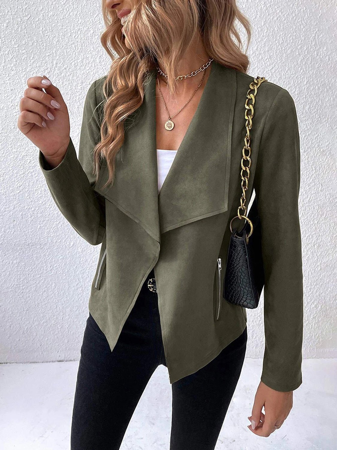 Draped Faux Suede Jacket | Lightweight & Chic | Open-Front Design | Versatile Layer