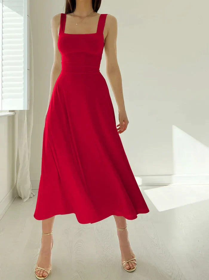Square Neck Sleeveless Midi Dress | Fitted Bodice Flared Hem | Elegant Summer Occasion Look
