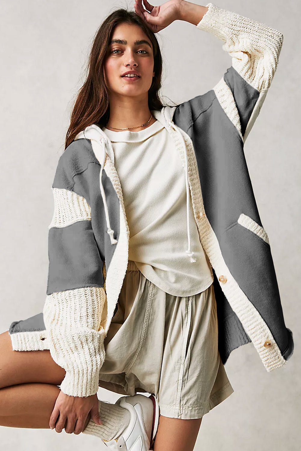 Colour-Block Hoodie Cardigan | Soft Knit | Button-Up Design | Casual Layer