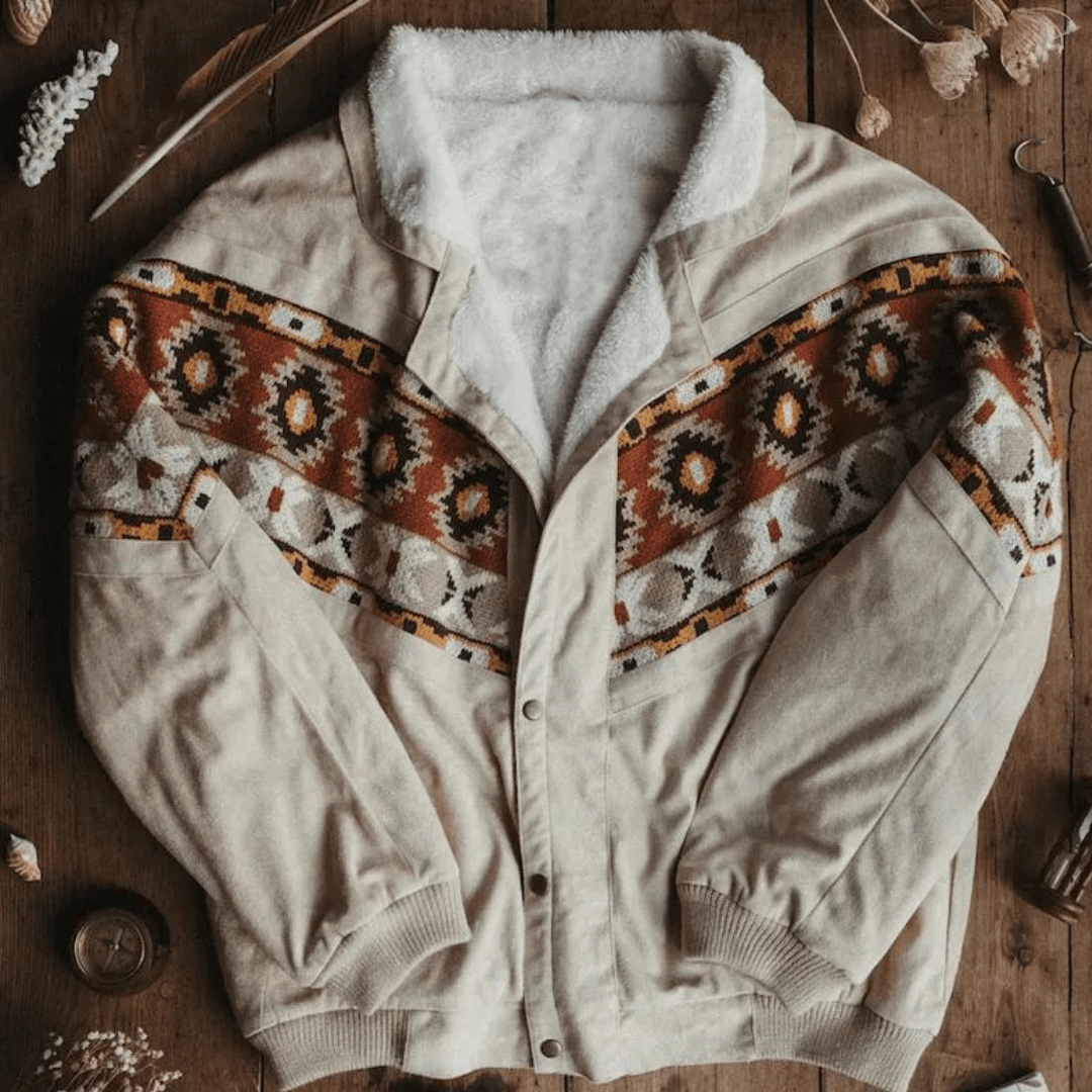 Bohemian Embroidered Jacket | Warm Sherpa Lining | Relaxed Fit | Western-Inspired Style