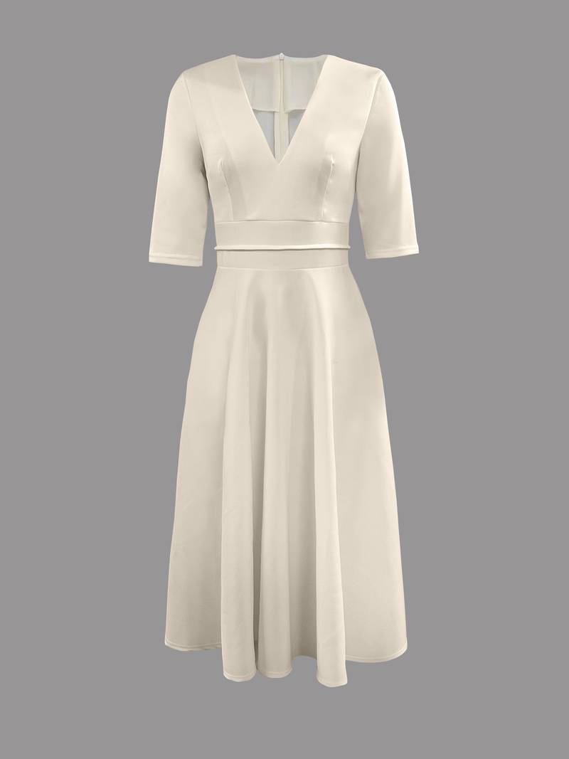 Fit-and-Flare Satin Midi Dress | V-Neckline | 3/4 Sleeves