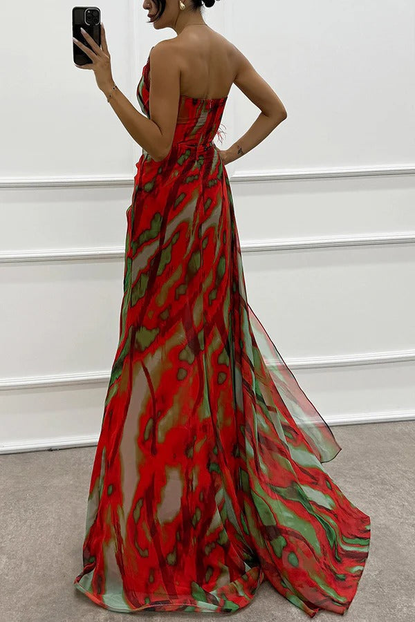 Watercolour Chiffon Gown dress | One-Shoulder Design & Side Slit | Bold Abstract Print