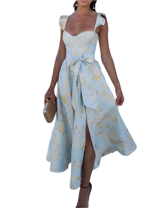 Sweetheart Midi Dress with Bow Waist | Ruffled Strap Summer Dress | Floral Occasionwear Canada
