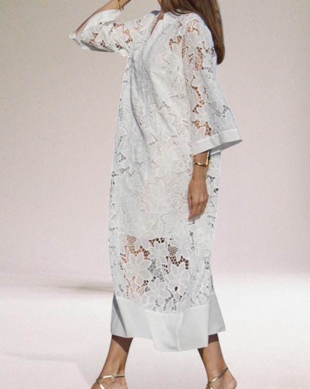 Embroidered Lace Maxi Dress | V-Neckline | Relaxed A-Line Silhouette