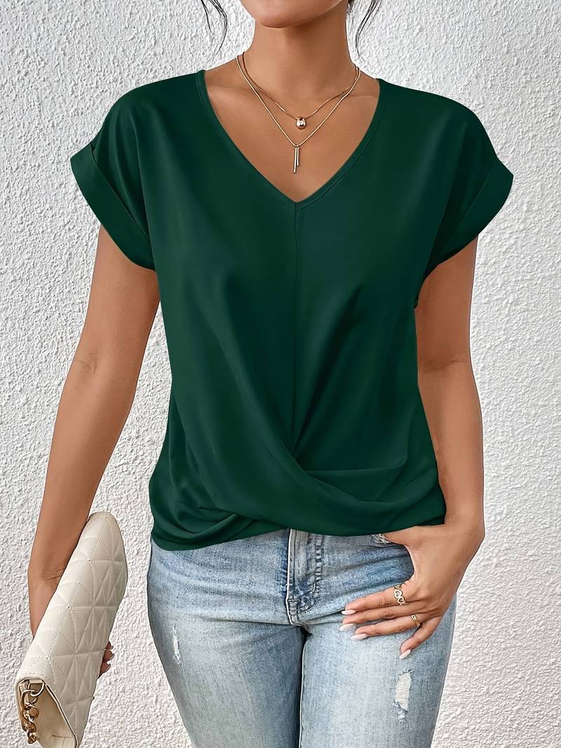 Twist Front V-Neck Blouse | Draped Short Sleeve Top for Everyday Polish