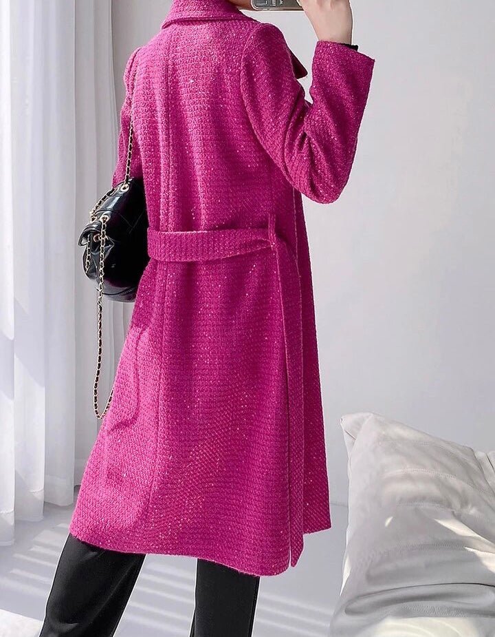 Belted Wool-Blend Coat | Longline Design | Vibrant Pink | Elegant Outerwear