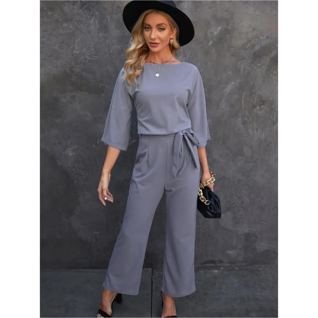 Wide-Leg Belted Jumpsuit | Cropped Sleeve | Modern One-Piece Style