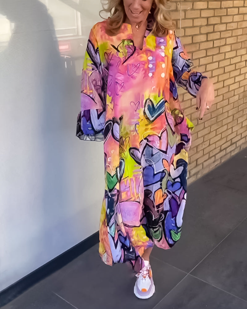 Abstract Heart Print Midi Dress | Long Sleeve Oversized Fit | Artistic Casual Statement Look