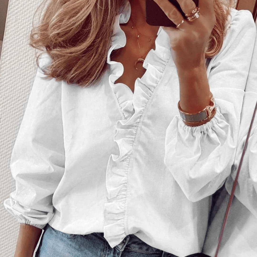 Ruffle Trim V-Neck Blouse | Long Sleeves | Relaxed Feminine Fit