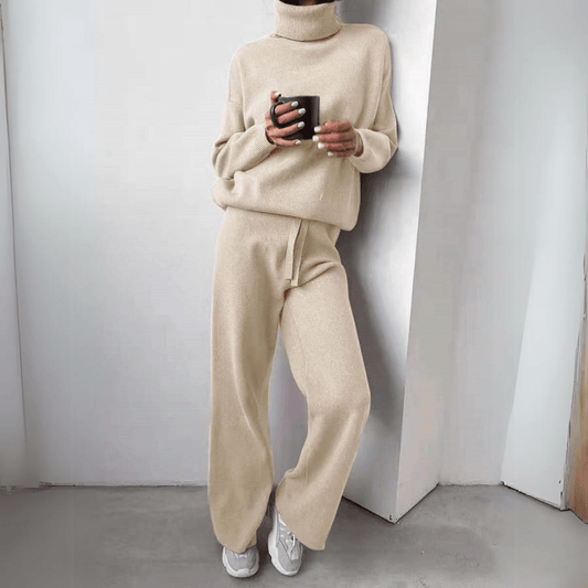 Cozy Knit Lounge Set | Turtleneck Pullover & Drawstring Pants | Soft Brushed Finish