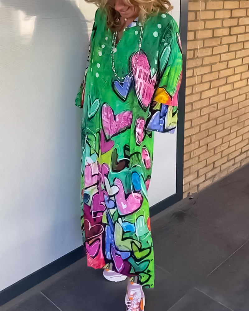 Abstract Heart Print Midi Dress | Long Sleeve Oversized Fit | Artistic Casual Statement Look