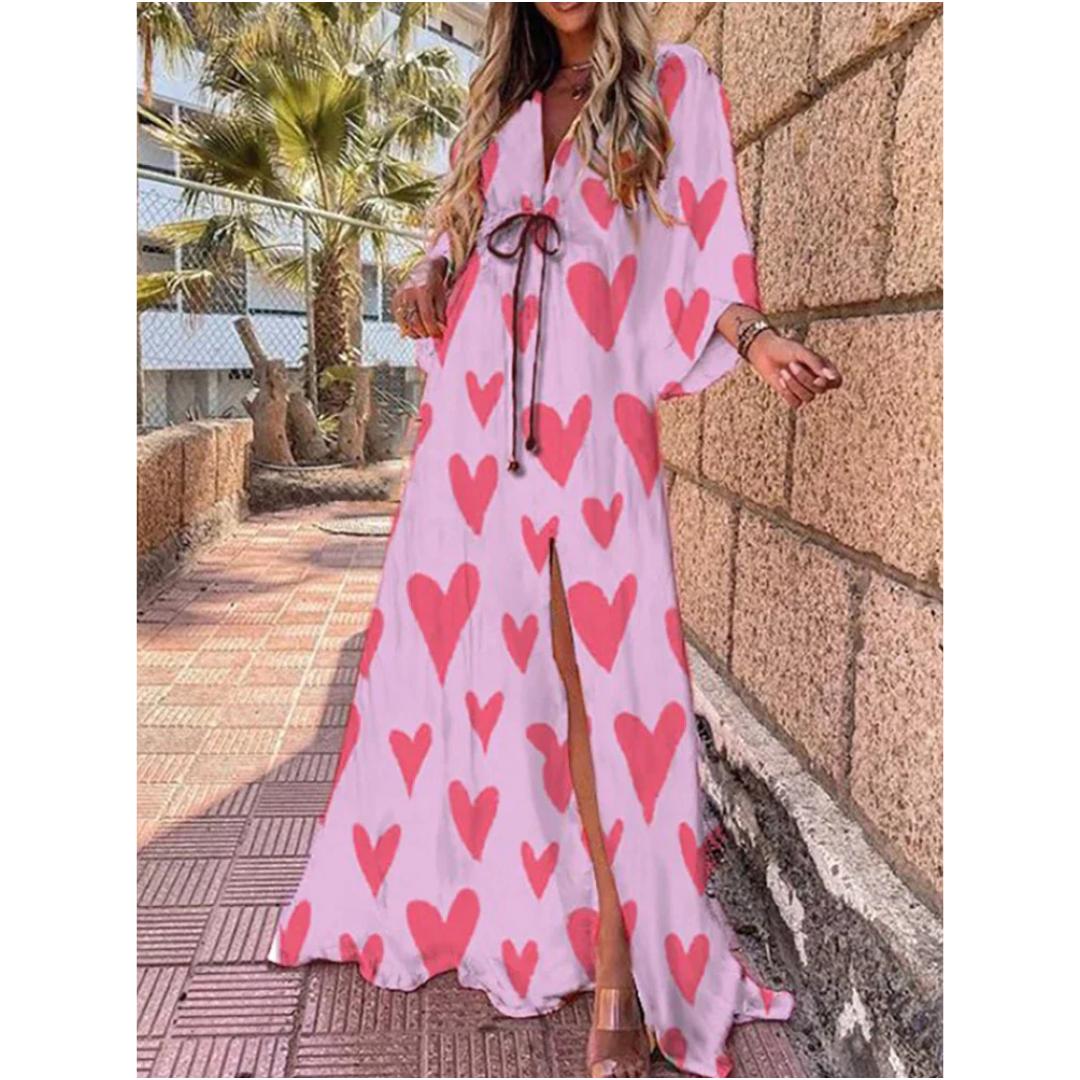 Heart Print Maxi Dress | Lightweight Tie Waist | Flowy Resort Cover-Up