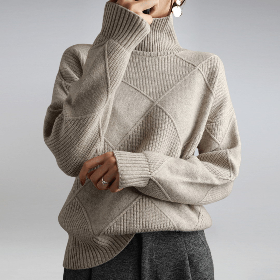 Diamond Knit Sweater | Ribbed Mock Neck & Oversized Drop Shoulder Fit