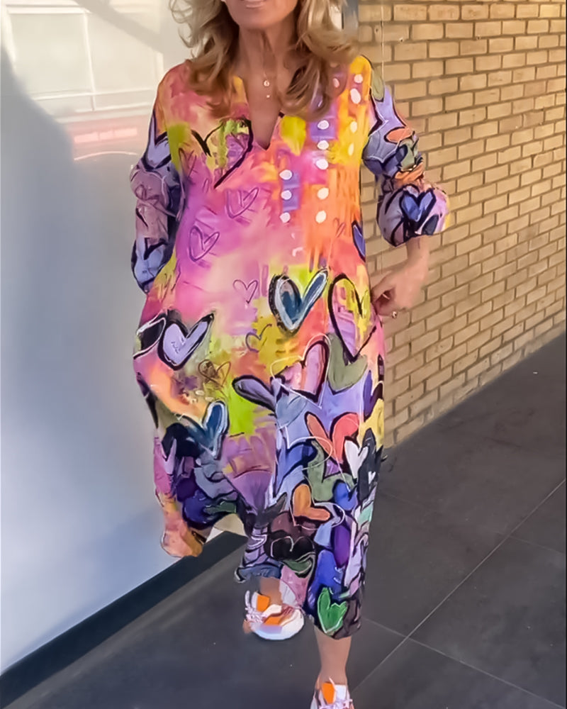 Abstract Heart Print Midi Dress | Long Sleeve Oversized Fit | Artistic Casual Statement Look