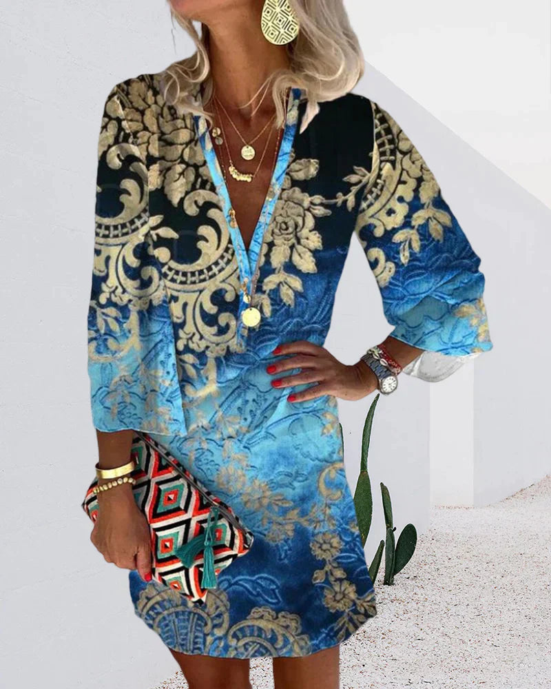 Women's Printed Tunic Dress | 3/4 Sleeve V-Neck | Casual Beach Cover-Up Dress