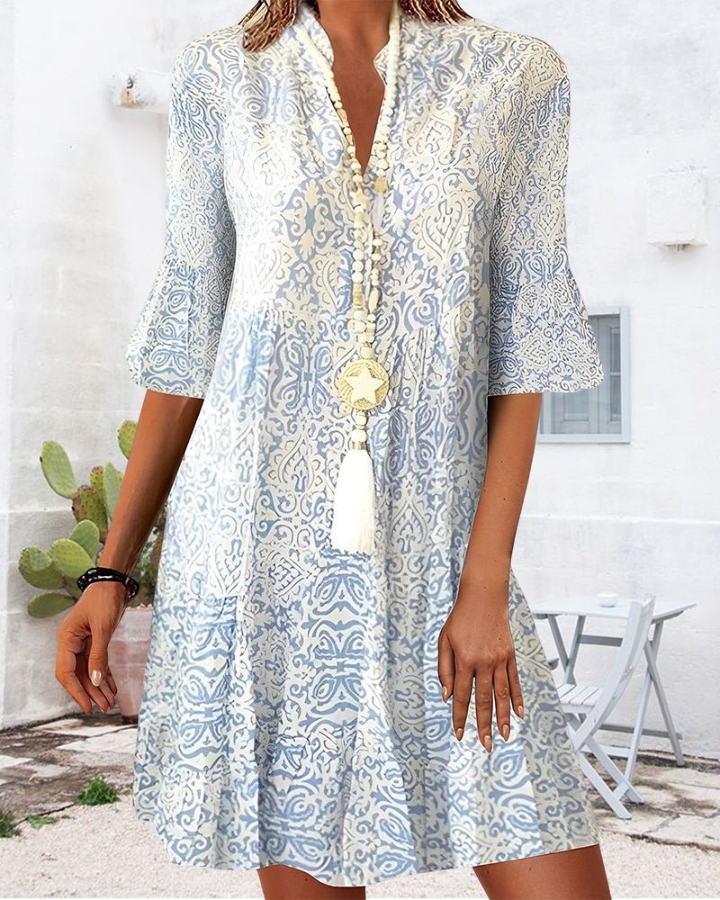 Boho Print Tunic Dress | Lightweight Rayon | Flared Sleeve
