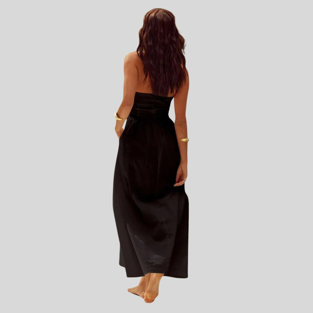 Halter Midi Sundress | Fitted Bodice with Pockets | Lightweight Summer Linen Blend