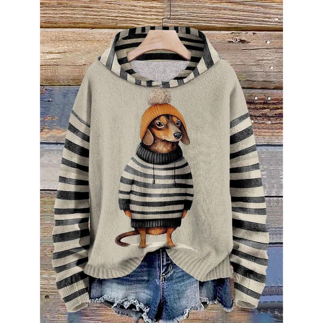 Striped Dog Print Hoodie | Casual Pullover | Lightweight Knit