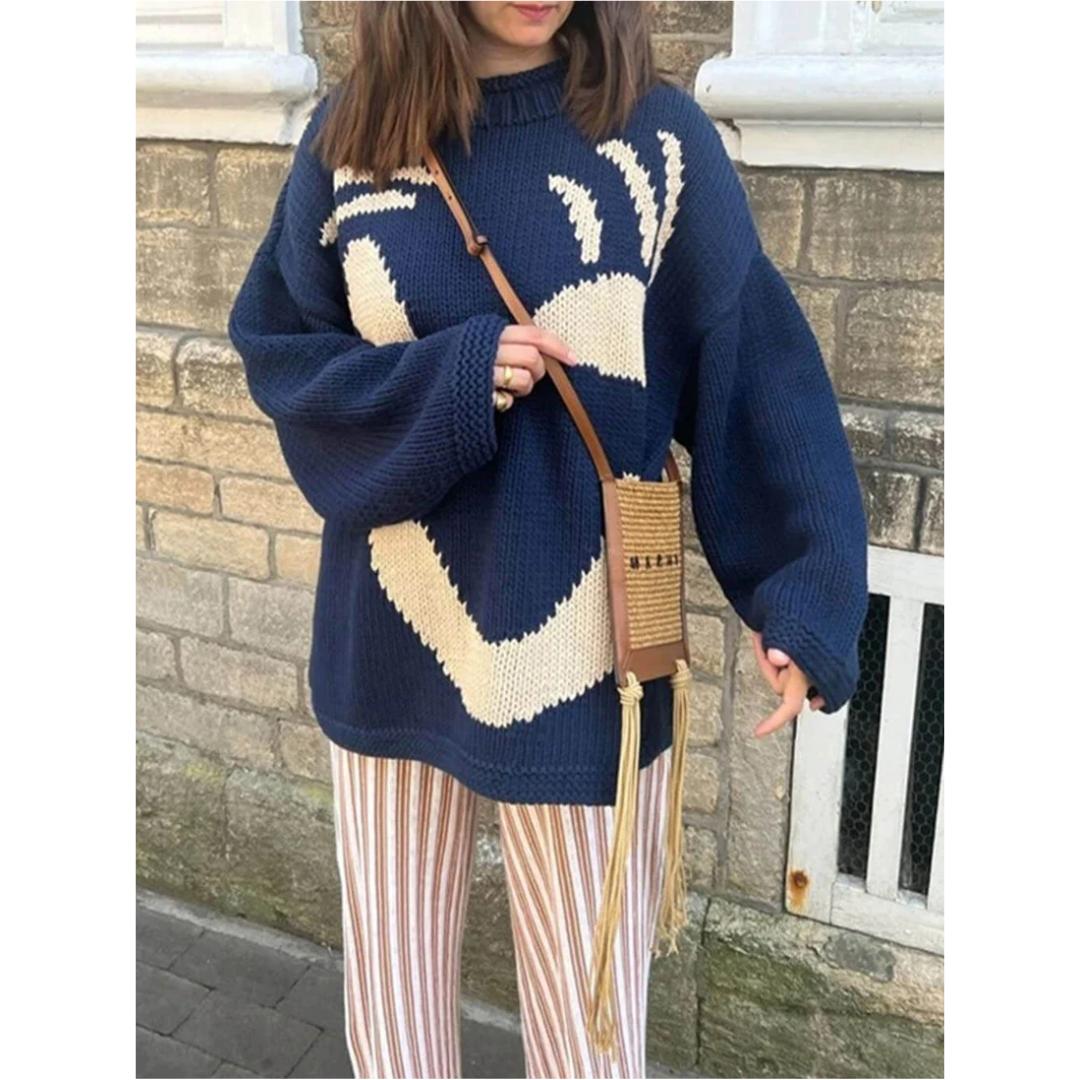 Oversized Knit Sweater | Abstract Face Embroidery | Art-Inspired Statement Pullover