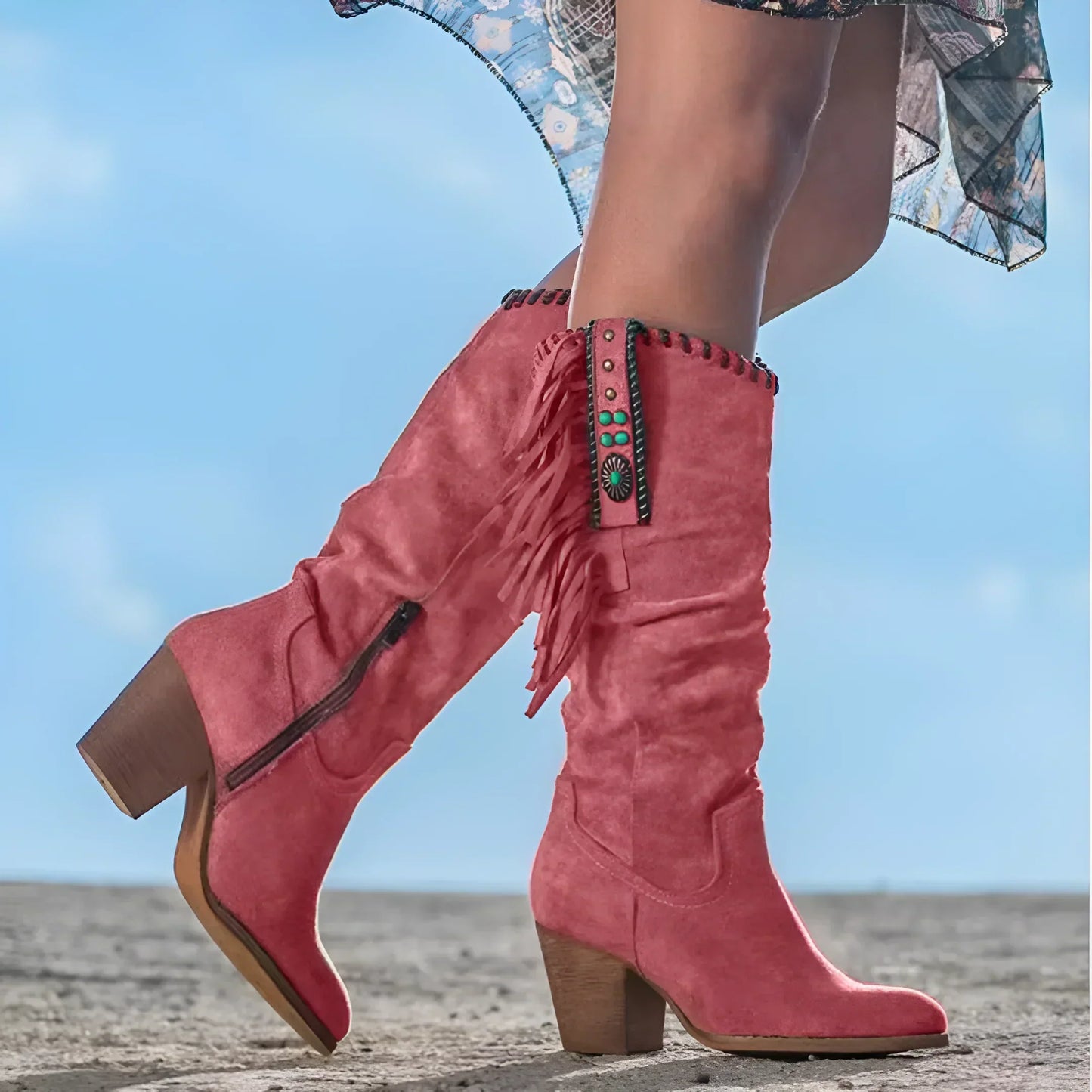 Western Fringe Boots | Mid-Calf Suede Look with Block Heel