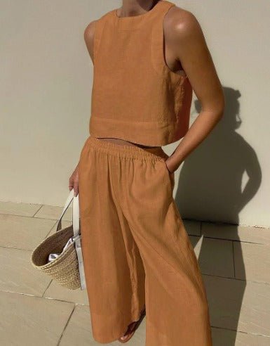 Sleeveless Crop Top & Wide-Leg Pants Set | Linen-Blend Two-Piece | Relaxed Summer Fit