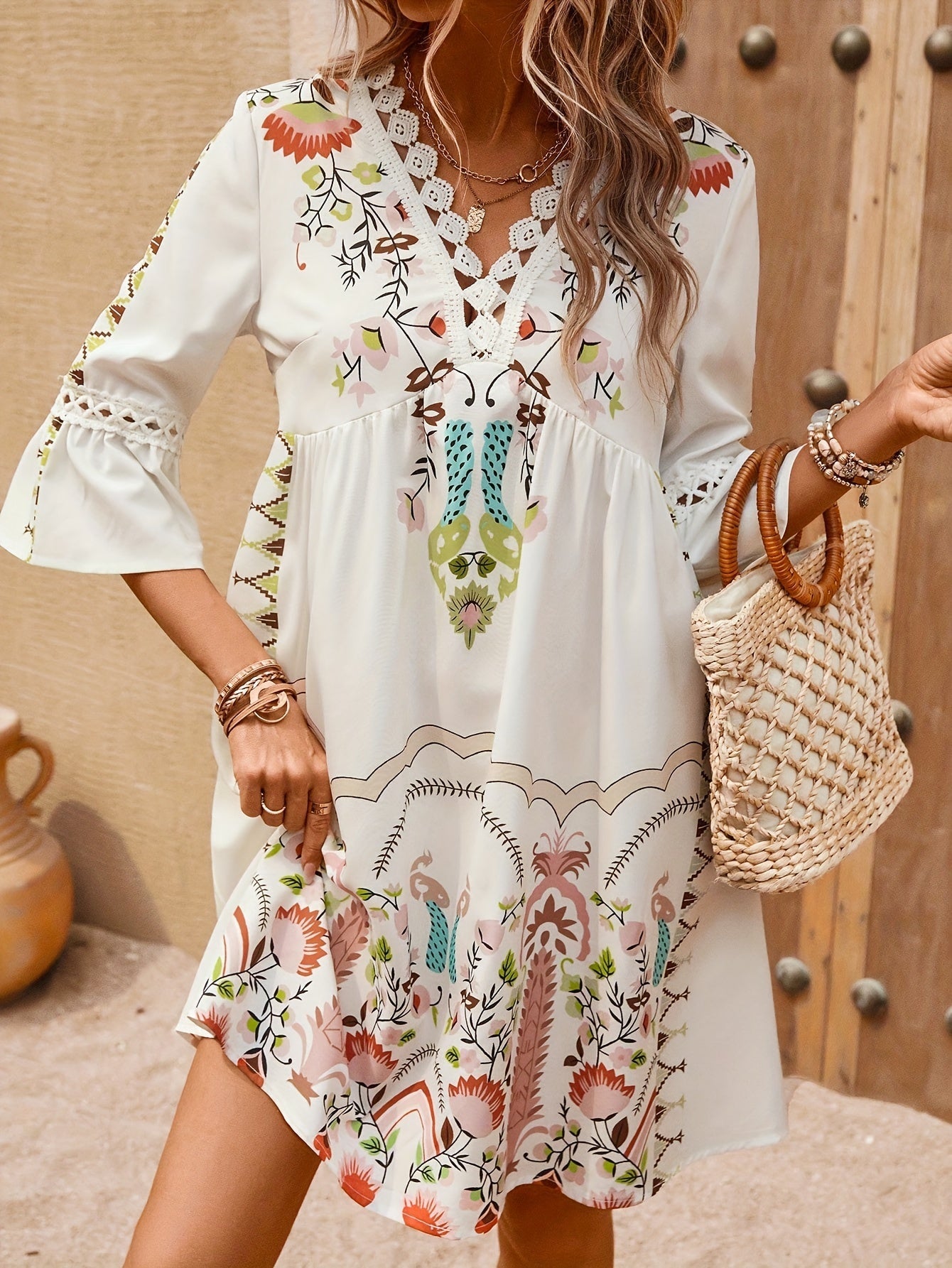 Boho Embroidered Mini Dress | 3/4 Sleeve Cotton Blend | Relaxed Summer Tunic Style