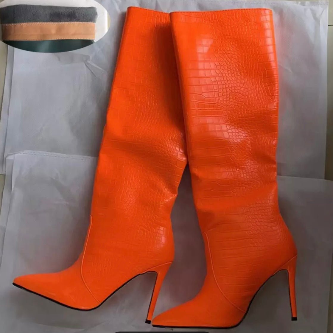 Croc-Embossed Knee-High Boots | Bold Colours | Pointed Toe | Statement Style