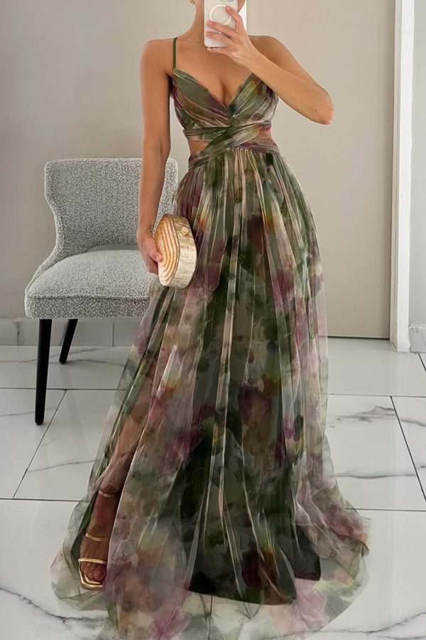 Backless Chiffon Gown | Watercolour Print Maxi Dress | Tie-Back Evening Silhouette