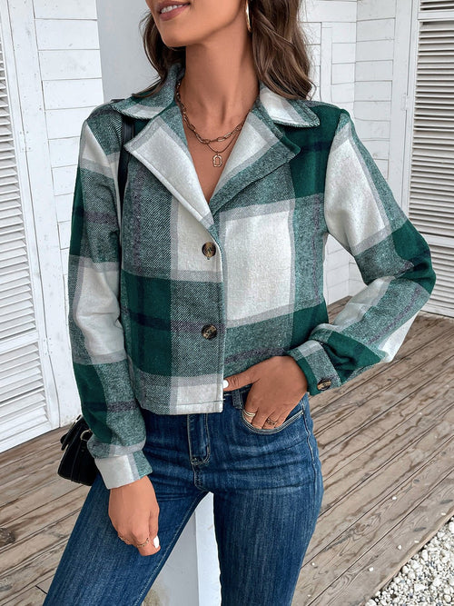 Cropped Plaid Button-Up Jacket | Classic Pattern | Lightweight Polyester Blend | Casual Chic Layer