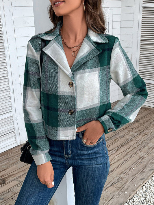 Cropped Plaid Button-Up Jacket | Classic Pattern | Lightweight Polyester Blend | Casual Chic Layer