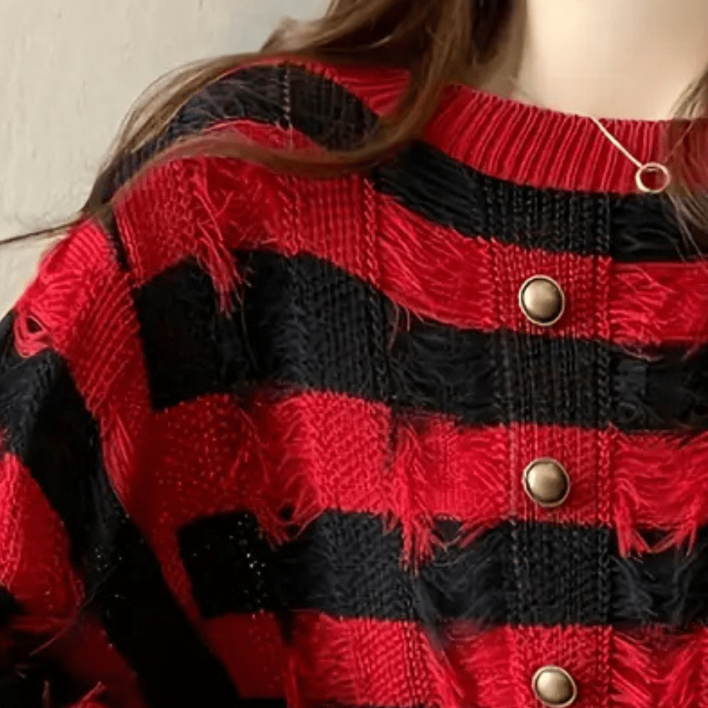 Chic Striped Knit Sweater | Textured Fringe Detail | Gold Button Accents | Fall & Winter