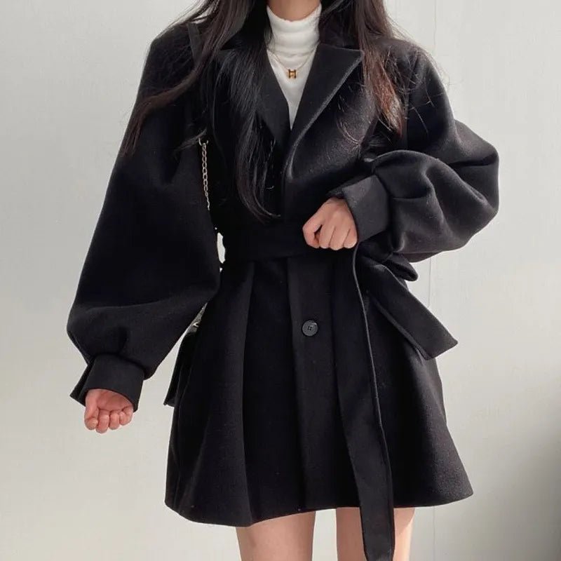 Chic Belted Wool Coat | Balloon Sleeves | Elegant Short Trench | Fall & Winter
