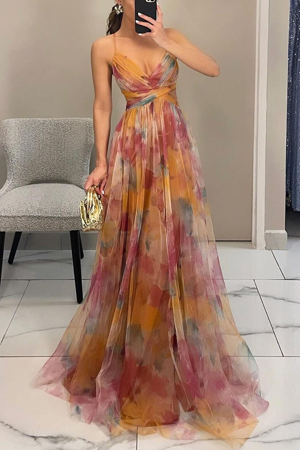 Backless Chiffon Gown | Watercolour Print Maxi Dress | Tie-Back Evening Silhouette