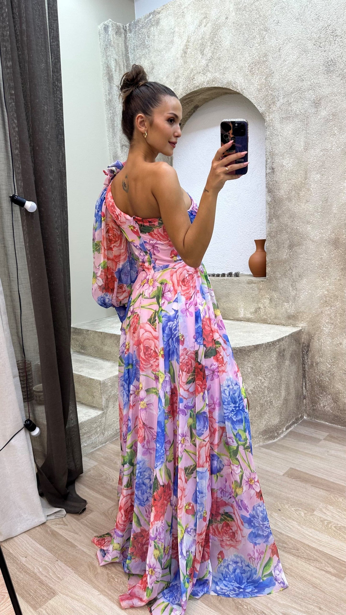 One-Shoulder Floral Gown | High-Slit Chiffon Maxi Dress | Ruched Waist & Draped Sleeve