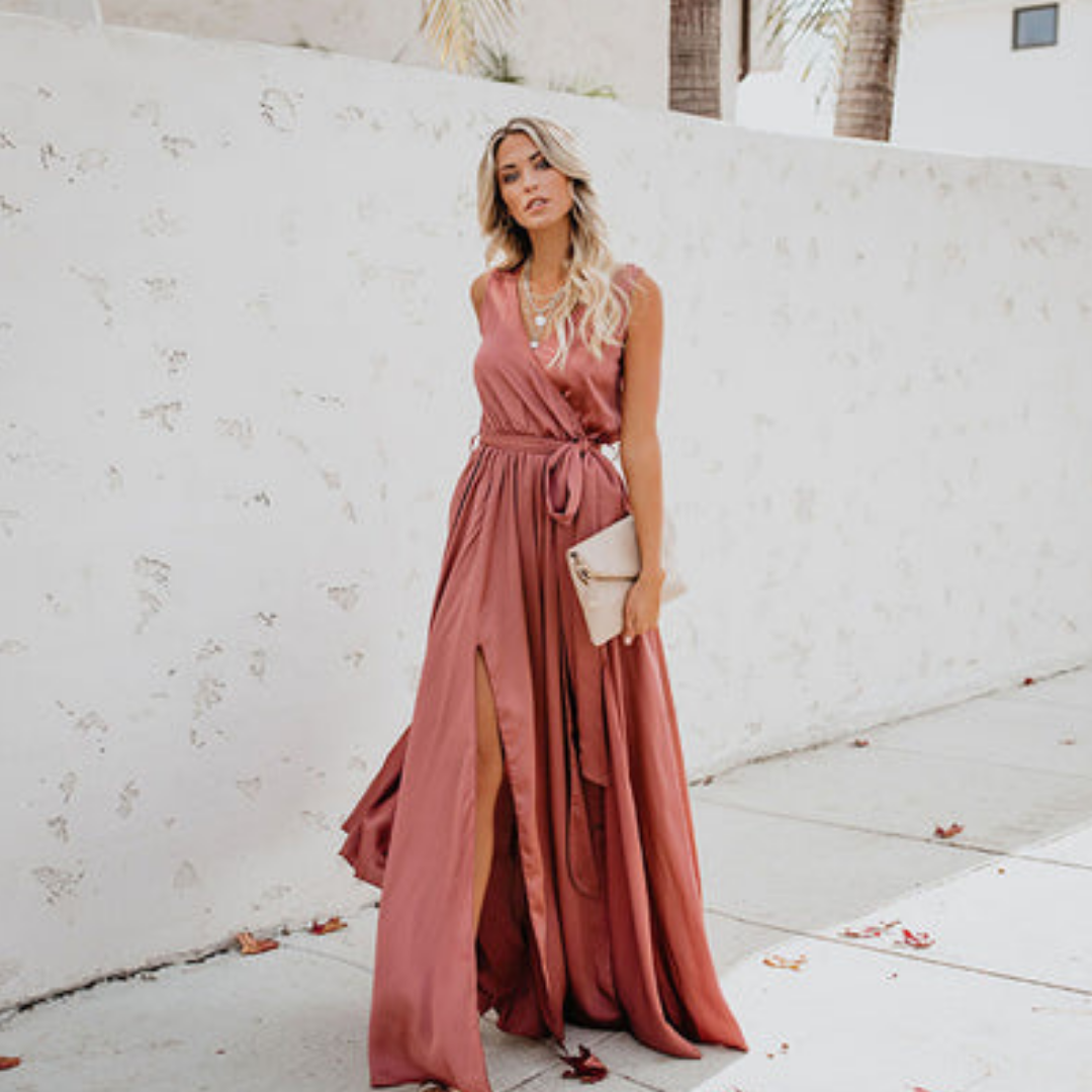 Satin Wrap Maxi Dress | Sleeveless Evening Gown | Side Slit Detail