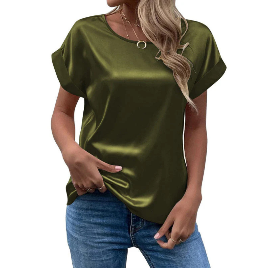 Short-Sleeve Satin Blouse | Relaxed Fit with Rolled Sleeves | Casual Chic Top