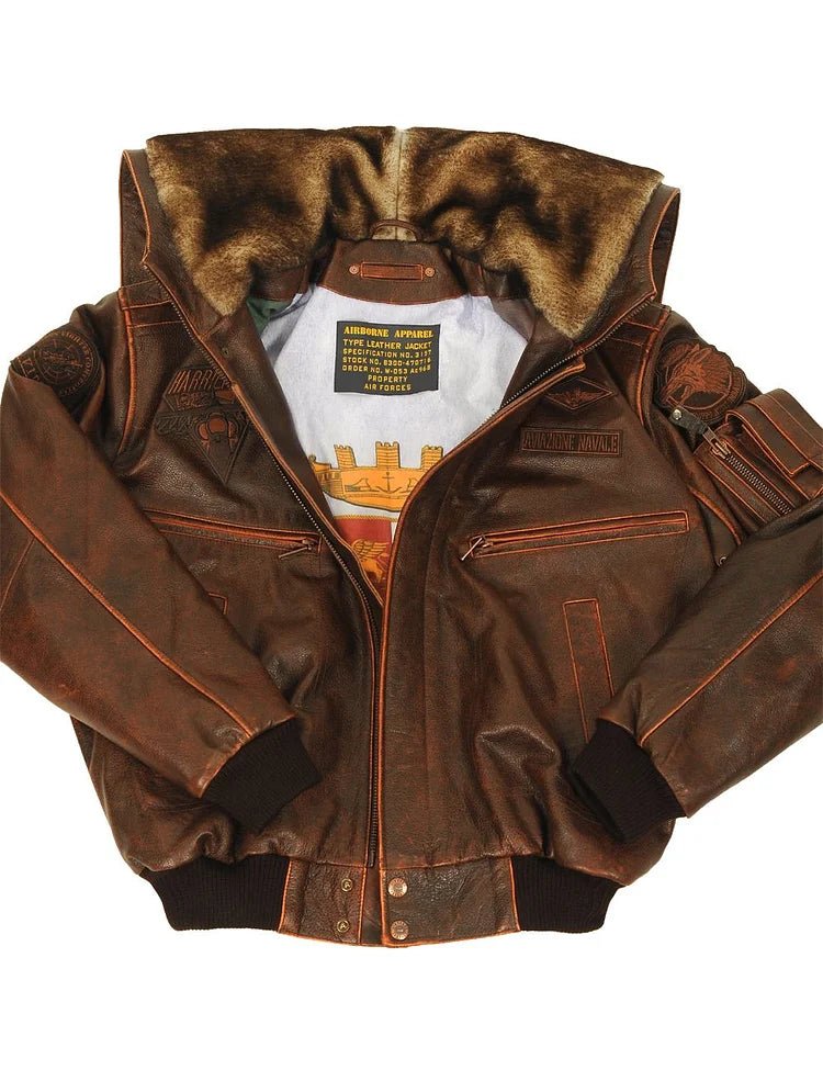 Vintage Aviator Bomber Jacket | Genuine Distressed Leather | Removable Hood | Rugged Winter Style