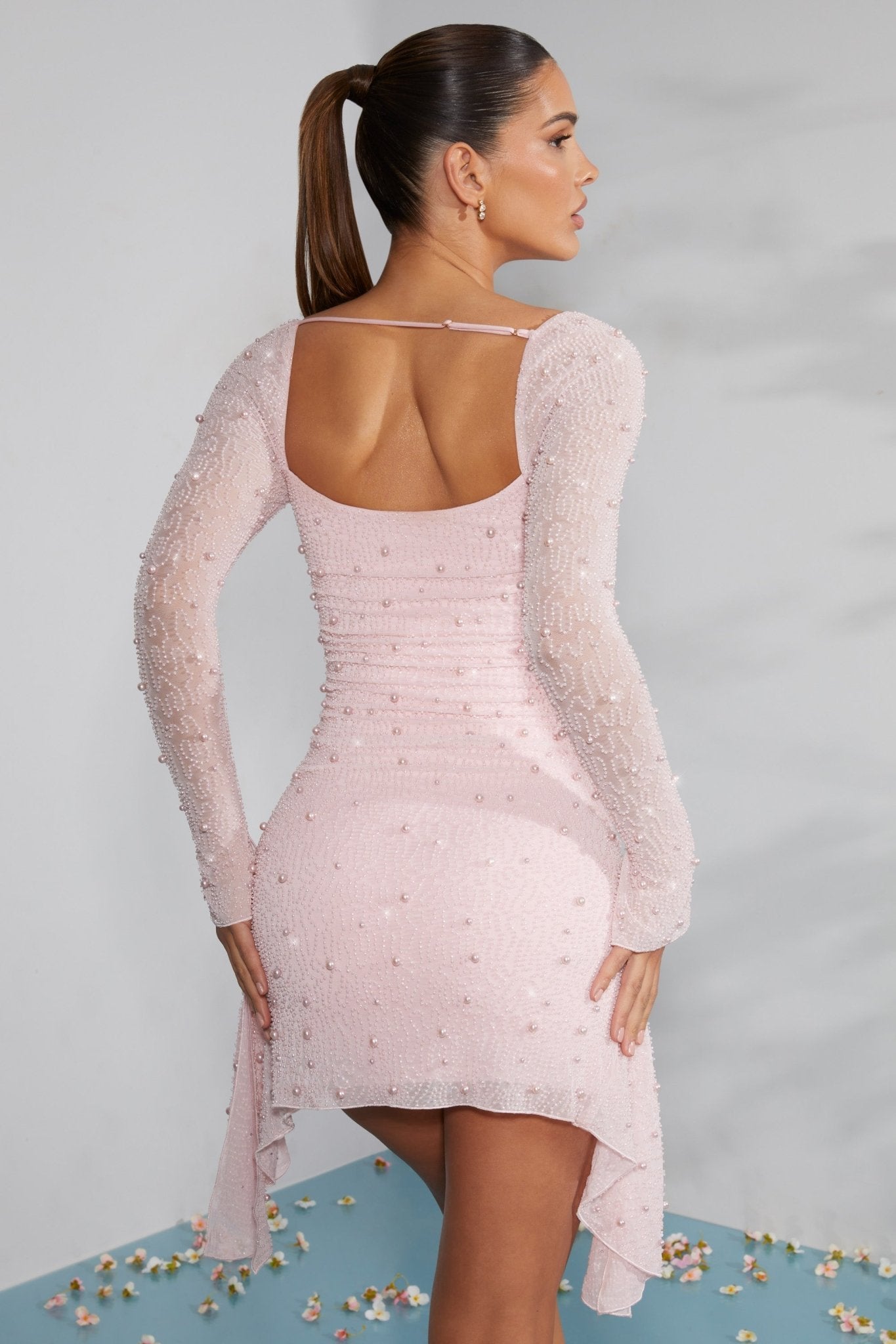 Pearl Embellished Mesh Mini Dress | Sheer Sleeves | Square Neck