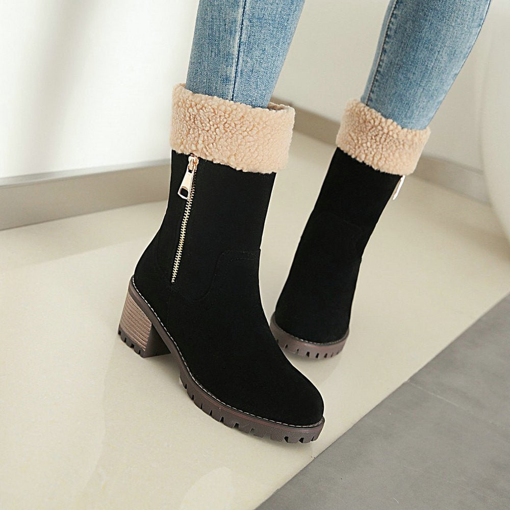 Faux Suede Ankle Boots with Fur Cuff | Warm Lining | Block Heel | Winter Essentials