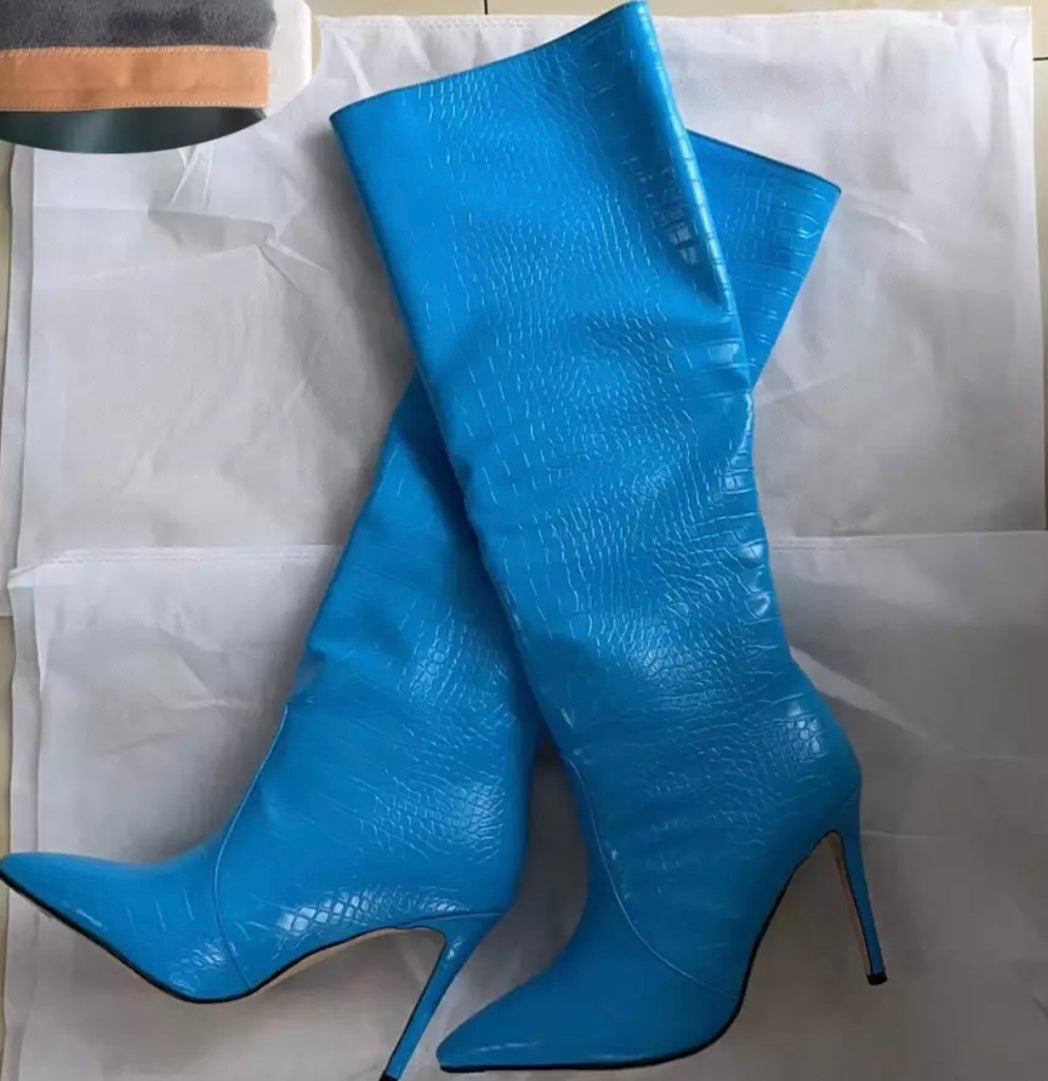Croc-Embossed Knee-High Boots | Bold Colours | Pointed Toe | Statement Style