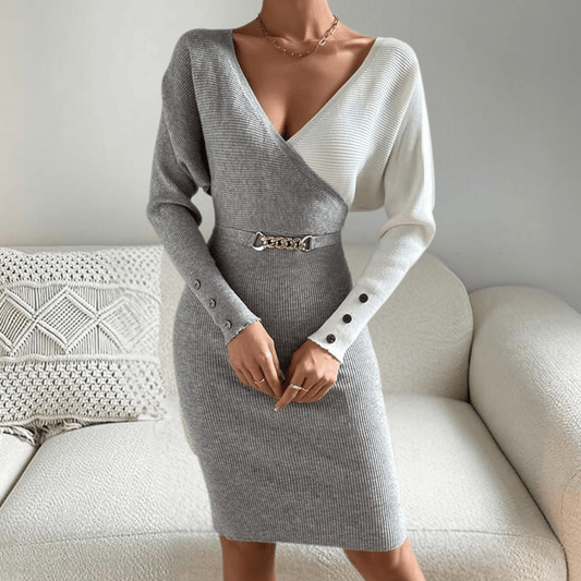 Colour Block Knit Dress | Elegant V-Neck | Ribbed Stretch Fabric | Fall & Winter